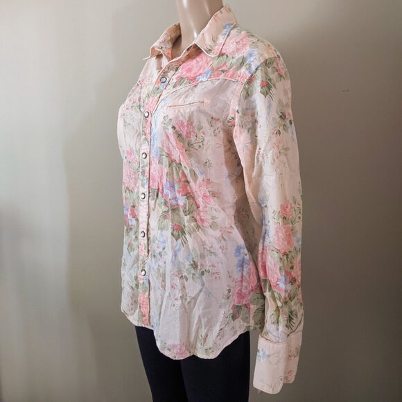 Vintage Lauren Ralph Lauren pink floral pearl snaps shirt, women's large - Picture 2 of 11